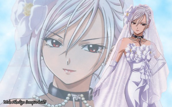 Anime picture 1280x800 with rosario+vampire akashiya moka inner moka single looking at viewer fringe hair between eyes red eyes wide image bare shoulders white hair hand on hip zoom layer girl dress gloves elbow gloves jewelry collar wedding dress