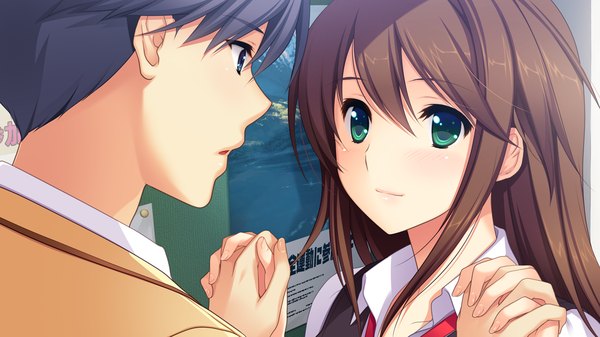 Anime picture 1280x720 with hatsukoi 1/1 tokizaki maya koizumi amane long hair short hair blue eyes black hair brown hair wide image green eyes game cg couple girl boy uniform school uniform