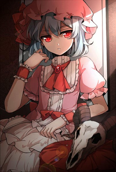 Anime picture 673x1000 with touhou remilia scarlet sindre (artist) single tall image fringe short hair red eyes sitting looking away indoors head tilt arm up grey hair sunlight wide sleeves short sleeves puffy sleeves eyebrows serious