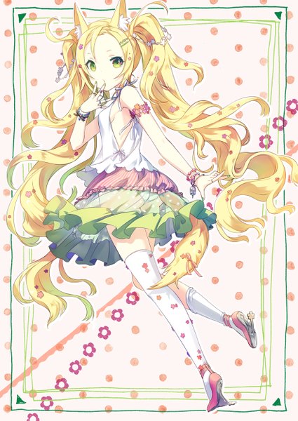 Anime picture 886x1251 with original h2so4 single long hair tall image looking at viewer light erotic blonde hair twintails green eyes animal ears full body tail animal tail girl thighhighs dress flower (flowers) white thighhighs socks
