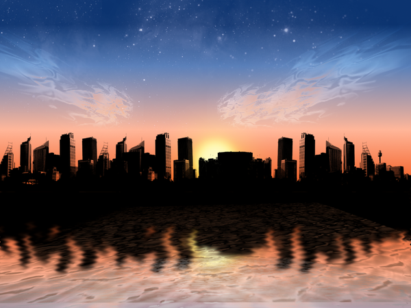 Anime picture 1600x1200 with original kur0 sky cloud (clouds) city evening sunset cityscape sea new york