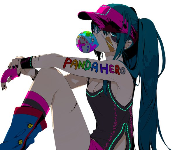 Anime picture 1400x1200 with vocaloid panda hero (vocaloid) hatsune miku single long hair looking at viewer simple background white background sitting ponytail aqua eyes aqua hair tattoo scar bandaid on face girl gloves fingerless gloves eyepatch cap