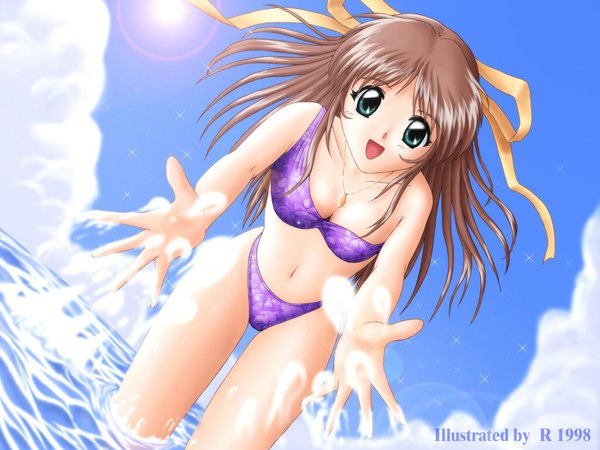 Anime picture 1024x768 with long hair brown hair green eyes sky leaning leaning forward ribbon (ribbons) swimsuit hair ribbon bikini water jewelry necklace splashes