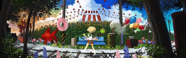 Anime picture 2000x632 with original hirokiku single long hair black hair wide image sky cloud (clouds) ghost girl flower (flowers) plant (plants) hat animal tree (trees) socks bird (birds) white socks fish (fishes) straw hat