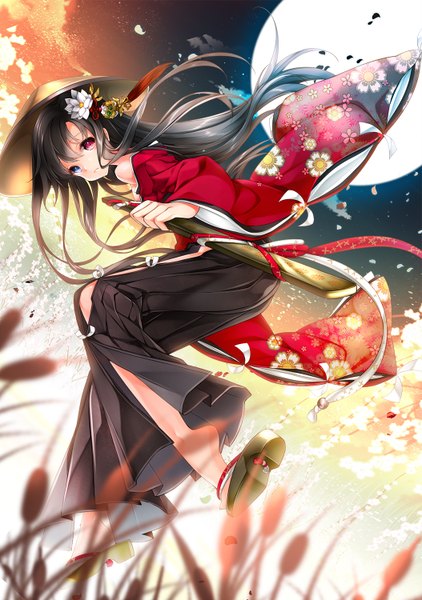 Anime picture 1054x1500 with original juna single long hair tall image looking at viewer black hair traditional clothes japanese clothes hair flower heterochromia girl hair ornament flower (flowers) weapon petals sword katana moon full moon
