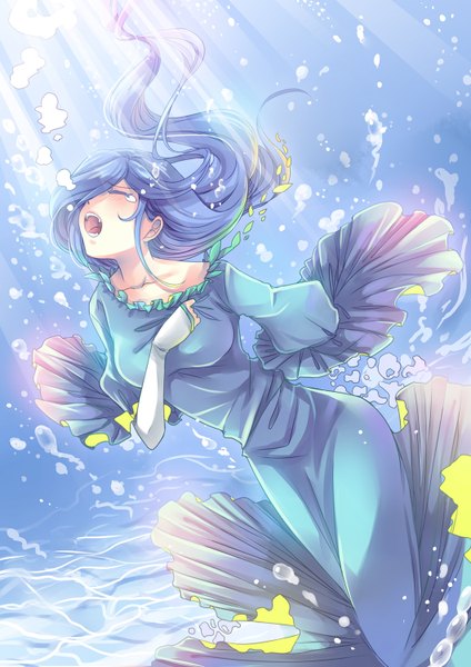 Anime picture 1060x1500 with aw.h single long hair tall image fringe blue hair eyes closed very long hair sunlight hair over one eye hand on chest underwater crying screaming girl dress water bubble (bubbles) blue dress teardrop