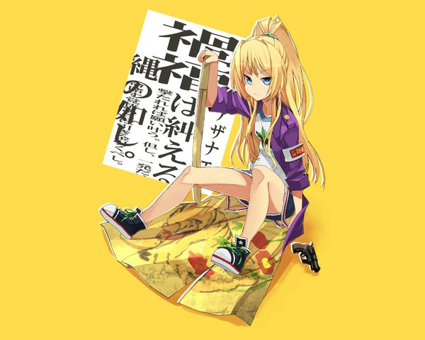 Anime picture 1024x819 with axanael (game) nitroplus is ii single long hair blue eyes blonde hair sitting ponytail yellow background girl weapon jacket gun pistol sneakers