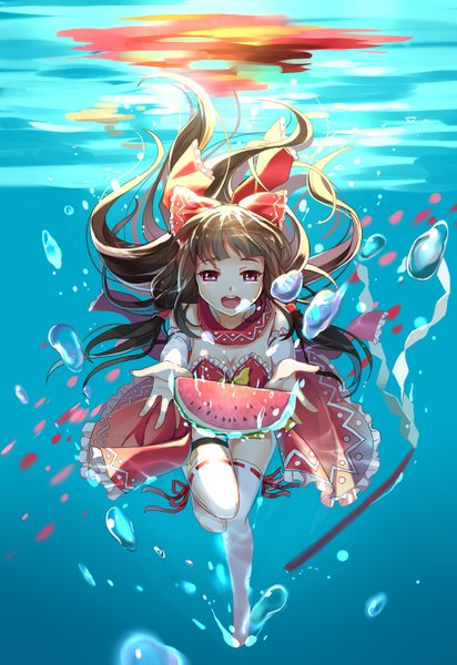 Anime picture 2031x2952 with touhou hakurei reimu greetload single long hair tall image looking at viewer highres open mouth red eyes brown hair underwater girl thighhighs dress white thighhighs food bubble (bubbles) berry (berries) watermelon