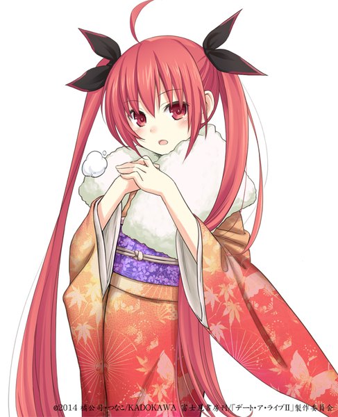 Anime picture 650x800 with date a live itsuka kotori konoe (vis9191) single tall image looking at viewer blush open mouth red eyes twintails red hair very long hair traditional clothes japanese clothes girl bow hair bow kimono fur obi