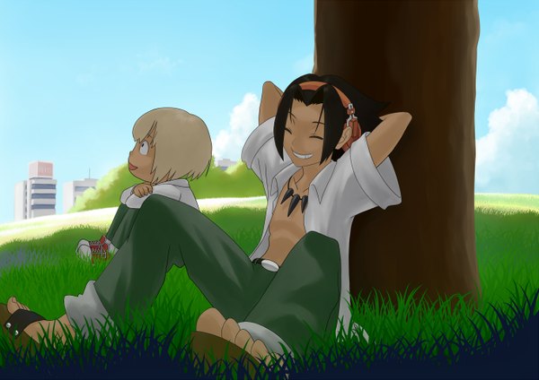 Anime picture 1364x964 with shaman king xebec asakura you oyamada manta mimitabu short hair open mouth blonde hair smile brown hair sitting eyes closed profile open clothes shadow open shirt city looking up arms behind head boy