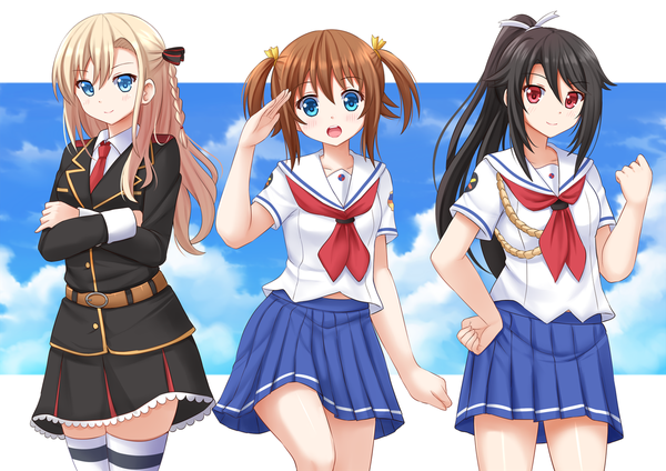 Anime picture 1697x1200 with high school fleet misaki akeno wilhelmina braunschweig ingenohl friedeburg munetani mashiro kazenokaze long hair looking at viewer blush fringe short hair open mouth blue eyes black hair blonde hair smile hair between eyes red eyes brown hair standing twintails