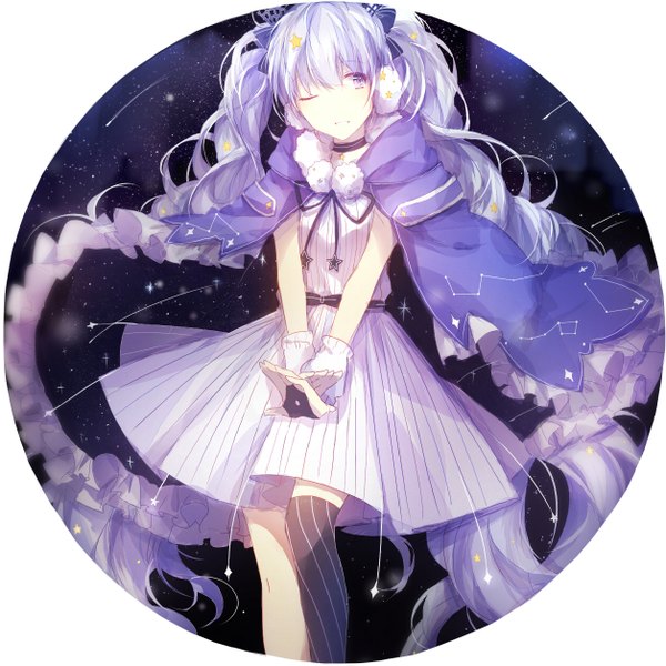 Anime picture 1256x1256 with vocaloid hatsune miku fuyu no yoru miku peneko single fringe purple eyes twintails looking away purple hair very long hair parted lips one eye closed space constellation girl thighhighs dress ribbon (ribbons) hair ribbon