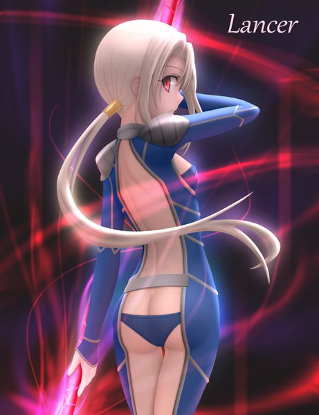 Anime picture 1000x1300 with fate (series) fate/stay night fate/kaleid liner prisma illya illyasviel von einzbern cu chulainn (fate) siraha single long hair tall image looking at viewer fringe light erotic hair between eyes red eyes standing holding payot ass white hair ponytail