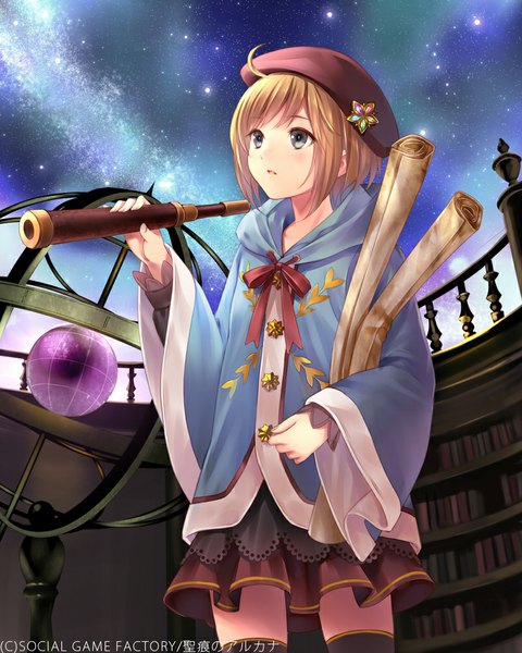 Anime picture 800x1000 with original fukahire (ruinon) single tall image short hair brown hair looking away black eyes girl dress star (symbol) book (books) star (stars) beret shelf bookshelf scroll telescope