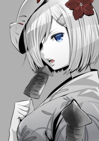 Anime picture 756x1074 with kantai collection hamakaze destroyer kuso bba single tall image fringe short hair breasts open mouth blue eyes simple background hair between eyes holding looking away silver hair upper body white hair traditional clothes japanese clothes profile