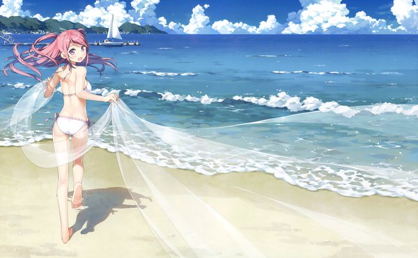 Anime picture 3000x1850 with original kurumi (kantoku) kantoku single long hair highres open mouth wide image pink hair sky cloud (clouds) full body :d pink eyes looking back from behind shadow two side up beach back