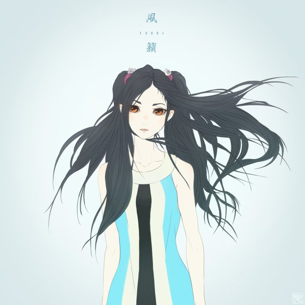 Anime picture 1400x1400 with original sakimori-uta single long hair looking at viewer blush open mouth black hair simple background standing twintails bare shoulders yellow eyes wind blue background girl dress scrunchie hair tie