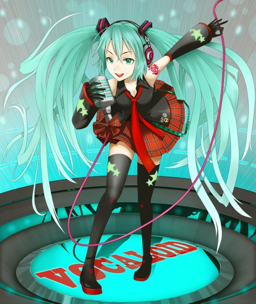 Anime picture 1213x1439 with vocaloid hatsune miku niou kaoru single long hair tall image open mouth twintails green eyes green hair girl skirt gloves detached sleeves miniskirt necktie headphones microphone wire (wires)