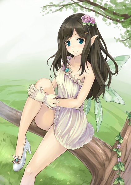 Anime picture 744x1052 with original blue door single long hair tall image looking at viewer blush light erotic smile brown hair bare shoulders bent knee (knees) aqua eyes pointy ears fantasy leg hug fairy tree sitting girl dress