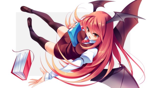 Anime picture 2100x1247 with touhou koakuma dragonmaterial single long hair highres open mouth blue eyes simple background wide image white background red hair head wings girl thighhighs skirt black thighhighs miniskirt wings suit