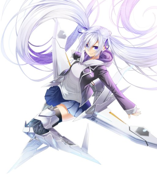 Anime picture 900x1050 with original heirou single tall image blue eyes simple background smile white background twintails purple hair white hair very long hair pleated skirt multicolored hair open clothes open jacket two-tone hair spread arms mecha musume girl