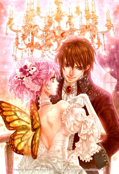 Anime picture 1701x2480 with laichro (artist) tall image highres short hair red eyes brown hair brown eyes pink hair profile hair flower light smile from behind scan couple back holding hands insect wings butterfly wings dancing dress