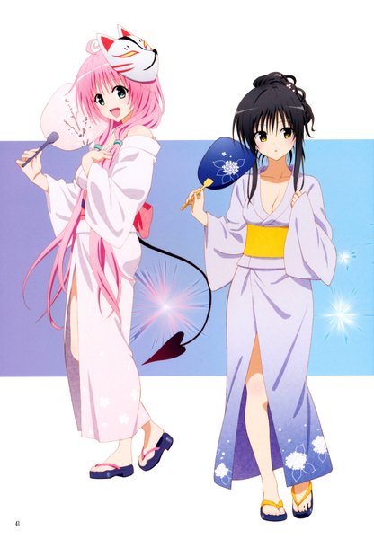 Anime picture 4860x7010 with toloveru xebec lala satalin deviluke kotegawa yui long hair tall image looking at viewer blush highres open mouth black hair simple background bare shoulders multiple girls green eyes yellow eyes pink hair absurdres ahoge tail