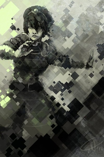 Anime picture 683x1024 with avatar: the last airbender nickelodeon toph beifong c-dra single tall image fringe short hair black hair simple background standing green eyes signed looking away hair over one eye grey eyes outstretched arm monochrome girl uniform