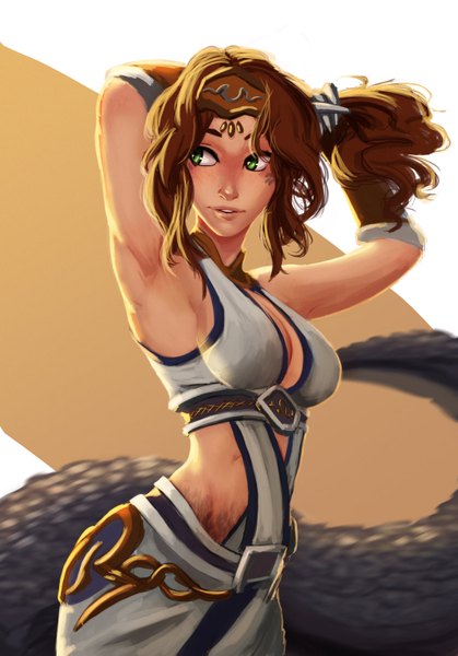 Anime picture 1024x1467 with league of legends cassiopeia (league of legends) carlos eduardo single long hair tall image breasts brown hair green eyes looking away tail armpit (armpits) snake tail lamia girl