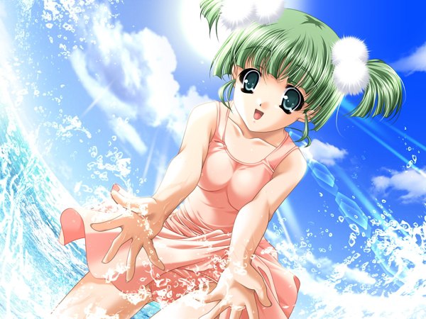 Anime picture 1200x900 with light erotic twintails game cg green hair girl dress water splashes