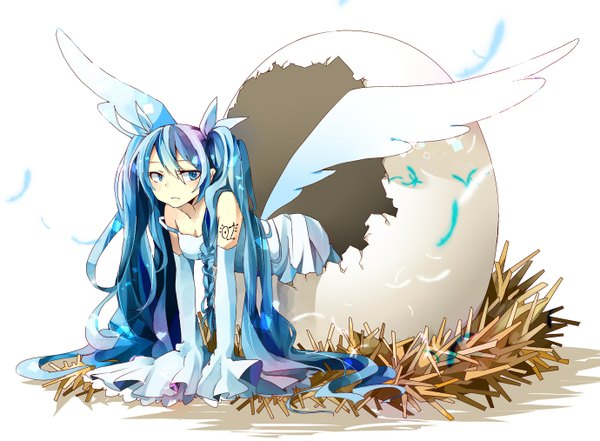 Anime picture 1379x1014 with vocaloid hatsune miku hoshino kisora single long hair blue eyes simple background white background twintails bare shoulders blue hair looking away long sleeves very long hair tattoo squat angel wings girl dress detached sleeves