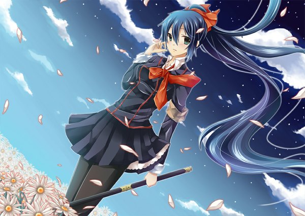 Anime picture 1000x707 with original yanase aki single long hair blue eyes blue hair sky cloud (clouds) ponytail night girl skirt uniform flower (flowers) school uniform petals