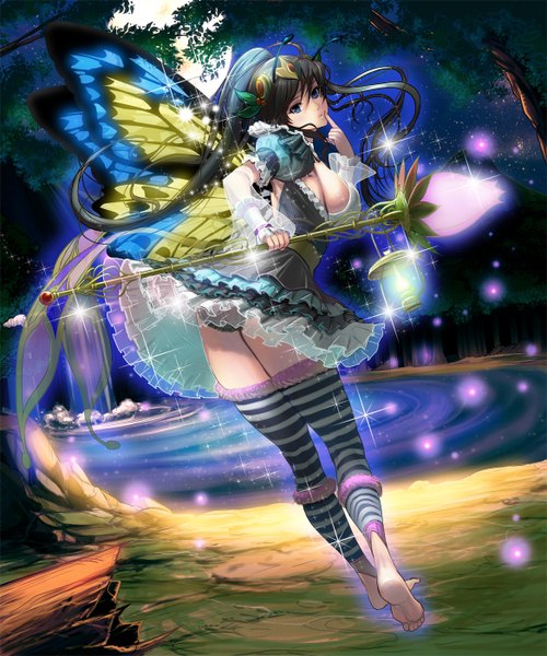Anime picture 1167x1400 with original masao single long hair tall image looking at viewer blue eyes light erotic black hair ponytail looking back barefoot night flying fantasy insect wings butterfly wings fairy girl thighhighs