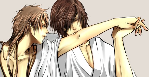 Anime picture 1250x650 with sengoku basara production i.g date masamune sanada yukimura haibara long hair blush short hair simple background brown hair wide image brown eyes eyes closed traditional clothes japanese clothes profile multiple boys holding hands kiss shounen ai