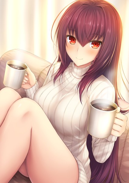 Anime picture 1000x1414 with fate (series) fate/grand order scathach (fate) (all) scathach (fate) taiki ken single long hair tall image looking at viewer blush fringe breasts light erotic smile hair between eyes red eyes large breasts sitting holding purple hair