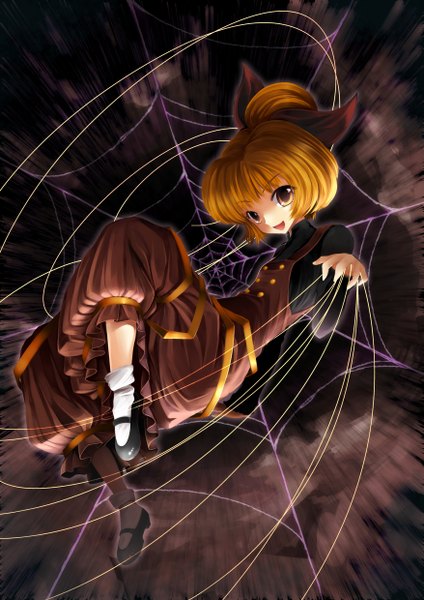 Anime picture 1753x2480 with touhou kurodani yamame narumizg single tall image highres open mouth yellow eyes orange hair girl bow hair bow socks white socks spider web