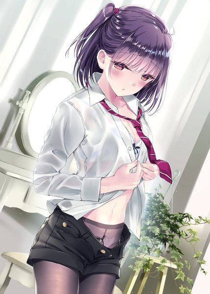 Anime picture 1276x1789 with original kobayashi chisato single tall image looking at viewer blush fringe short hair breasts light erotic standing brown eyes cleavage purple hair indoors blunt bangs long sleeves parted lips dutch angle one side up