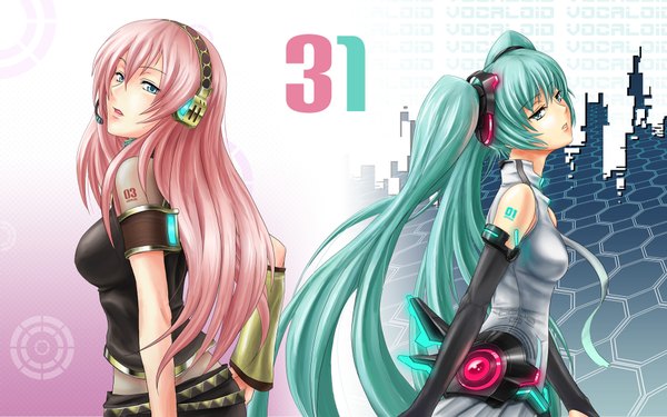 Anime picture 1920x1200 with vocaloid vocaloid append hatsune miku megurine luka hatsune miku (append) long hair highres wide image twintails multiple girls pink hair green hair girl 2 girls detached sleeves headphones