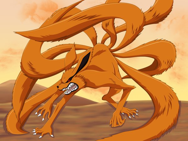 Anime picture 2000x1500 with naruto studio pierrot naruto (series) kurama (kyuubi) daniloti single highres open mouth red eyes sky cloud (clouds) teeth coloring multiple tails angry sharp teeth demon bijuu animal claws
