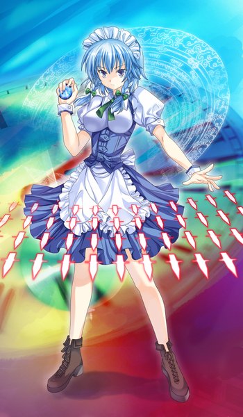 Anime picture 1200x2057 with touhou izayoi sakuya pico (picollector79) single tall image blue eyes blue hair maid magic girl skirt weapon boots headdress maid headdress apron wrist cuffs skirt set dagger