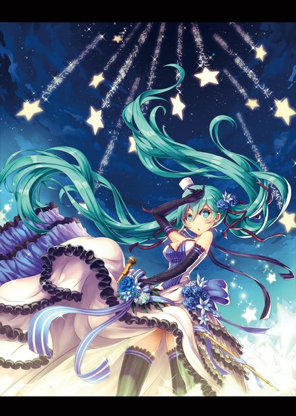 Anime picture 1600x2244 with vocaloid hatsune miku futsuka (dzone) single tall image blue eyes twintails bare shoulders cloud (clouds) very long hair aqua hair arms up night sky girl thighhighs dress gloves hair ornament flower (flowers) black thighhighs