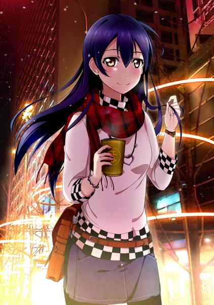 Anime picture 2160x3072 with love live! school idol project sunrise (studio) love live! sonoda umi shiimai single long hair tall image looking at viewer blush highres smile brown eyes blue hair girl scarf bag