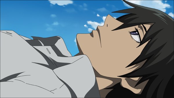 Anime picture 1200x676 with darker than black studio bones hei (darker than black) morrow single short hair blue eyes black hair wide image sky cloud (clouds) looking up close-up open collar boy