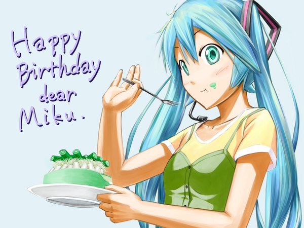Anime picture 1600x1200 with vocaloid hatsune miku single long hair twintails green eyes aqua hair inscription eating happy birthday girl