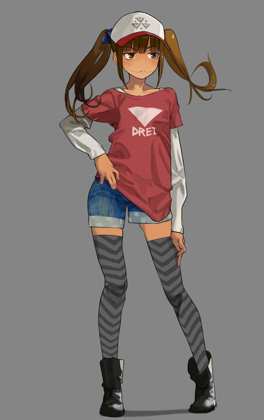 Anime picture 1864x2952 with original attall single long hair tall image fringe highres simple background brown hair twintails brown eyes looking away grey background zettai ryouiki hand on hip scar girl thighhighs boots striped thighhighs
