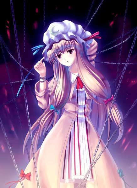 Anime picture 2000x2753 with touhou patchouli knowledge long hair tall image highres purple eyes purple hair girl ribbon (ribbons) hat chain
