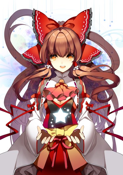 Anime picture 844x1200 with touhou hakurei reimu roh nam kyung single long hair tall image looking at viewer open mouth brown hair brown eyes girl bow hair bow detached sleeves star (symbol)