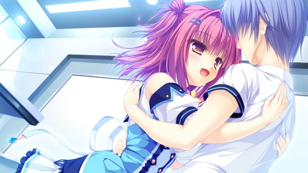 Anime picture 1920x1080 with kujiragami no tearstilla narumi marine mikagami mamizu blush highres short hair open mouth wide image yellow eyes blue hair pink hair game cg couple hug girl boy