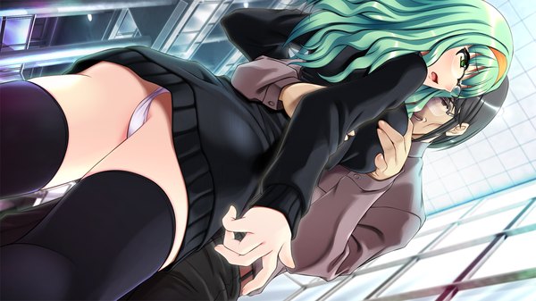 Anime picture 1280x720 with yakin byoutou zero (game) jinguuji narumi (yakin byoutou zero) long hair light erotic wide image green eyes game cg ass green hair girl thighhighs boy underwear panties black thighhighs glasses sweater