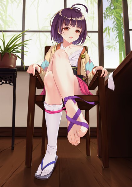 Anime picture 1500x2121 with koutetsujou no kabaneri wit studio mumei (kabaneri) flan (seeyouflan) single tall image looking at viewer blush short hair open mouth light erotic sitting brown eyes purple hair full body bent knee (knees) indoors nail polish barefoot crossed legs